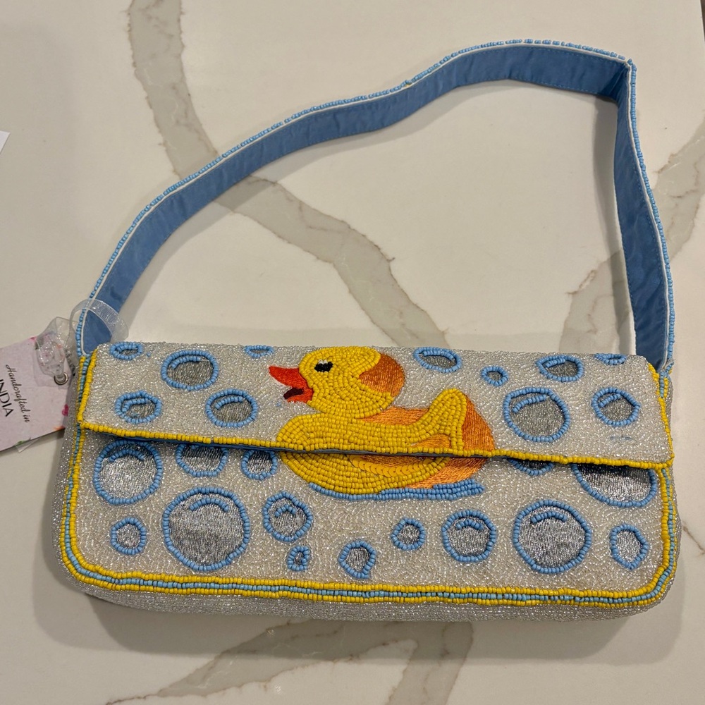 Beaded Yellow Duck Clutch with Blue Strap